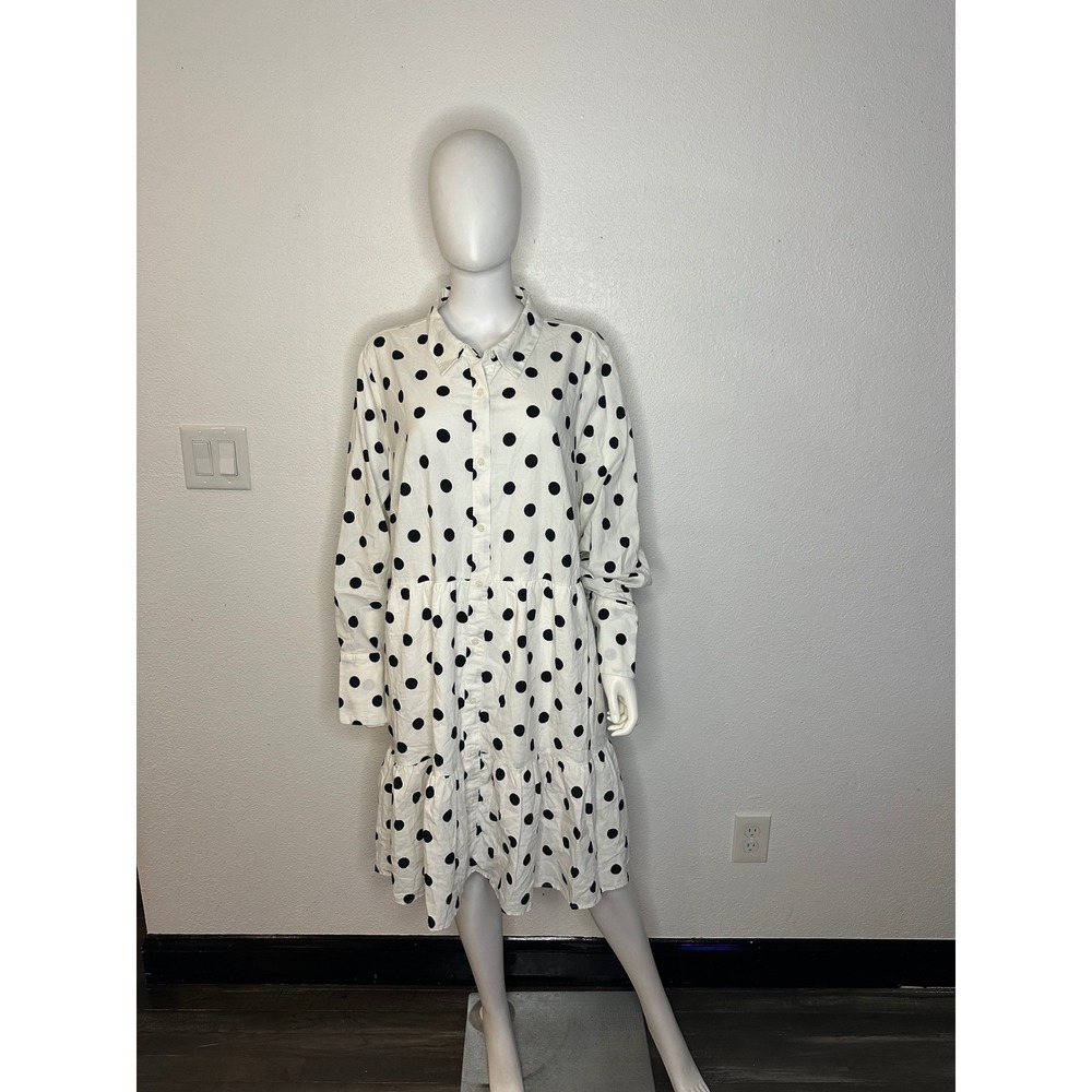 Ava & Viv White Black Polka Dot Tiered Cotton Shirt Dress